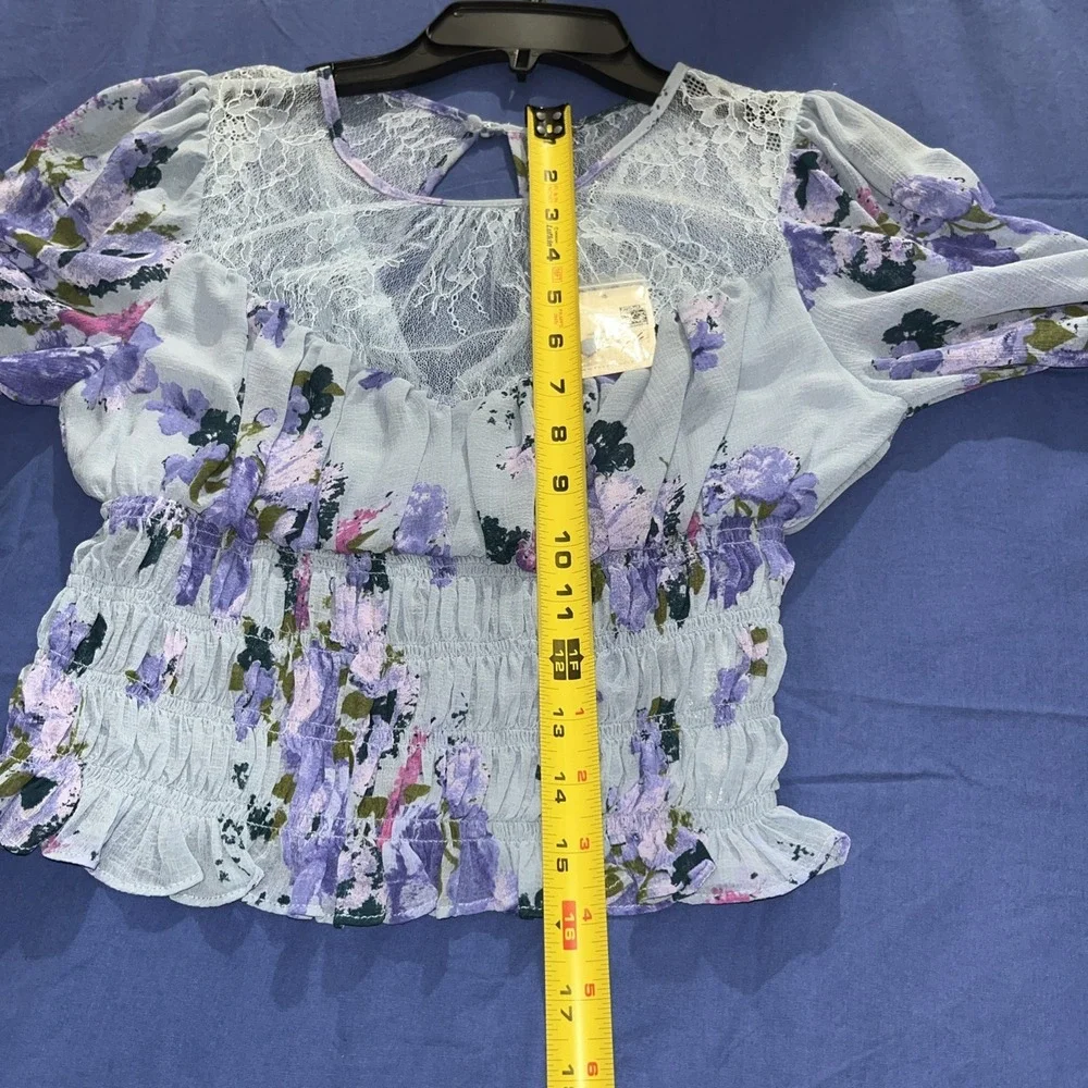 Free People Daphne Blouse Women's Size XS Silver Blue Combo Smocked Hem NWT